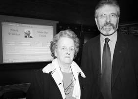 Sinn Fein president Gerry Adams at the launch of the An Fhirinne website in Belfast yesterday with Eileen Fox, sister of Seamus Ludlow. Mr Ludlow was murdered by members of the UDR in County Louth in 1976. PHOTO: SEAN O'REILLY (From Daily Ireland 3 May 2006)